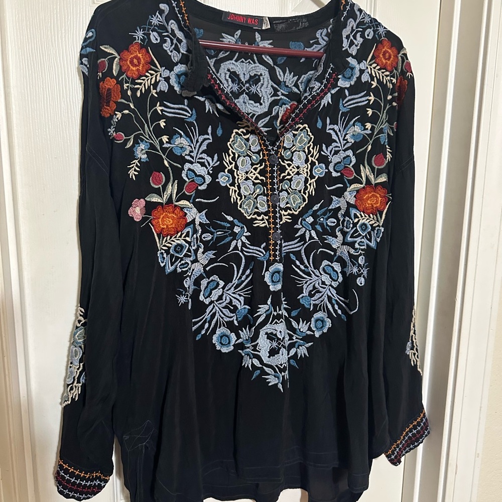 Johnny Was Black Blouse with Colorful Embroidery